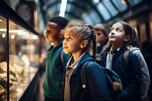 Photo of young children marveling at a palentology exhibit.