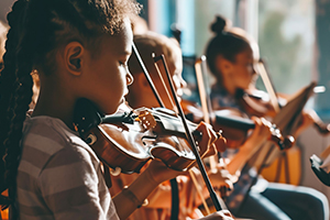 Photo of young children playing the violin.