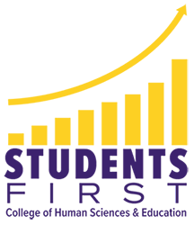 Students First with a gold arrow rising above gold columns. The words College of Human Sciences & Education below.