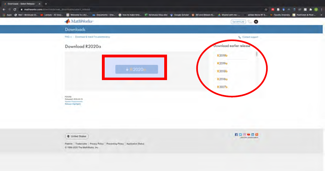 Select version of MatLab you want to download on your personal computer