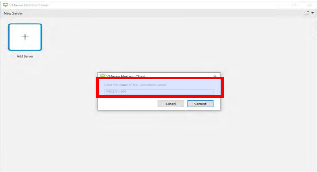 Enter the name of the Connection Server vlab2.lsu.edu and click Connect and then click Accept. 